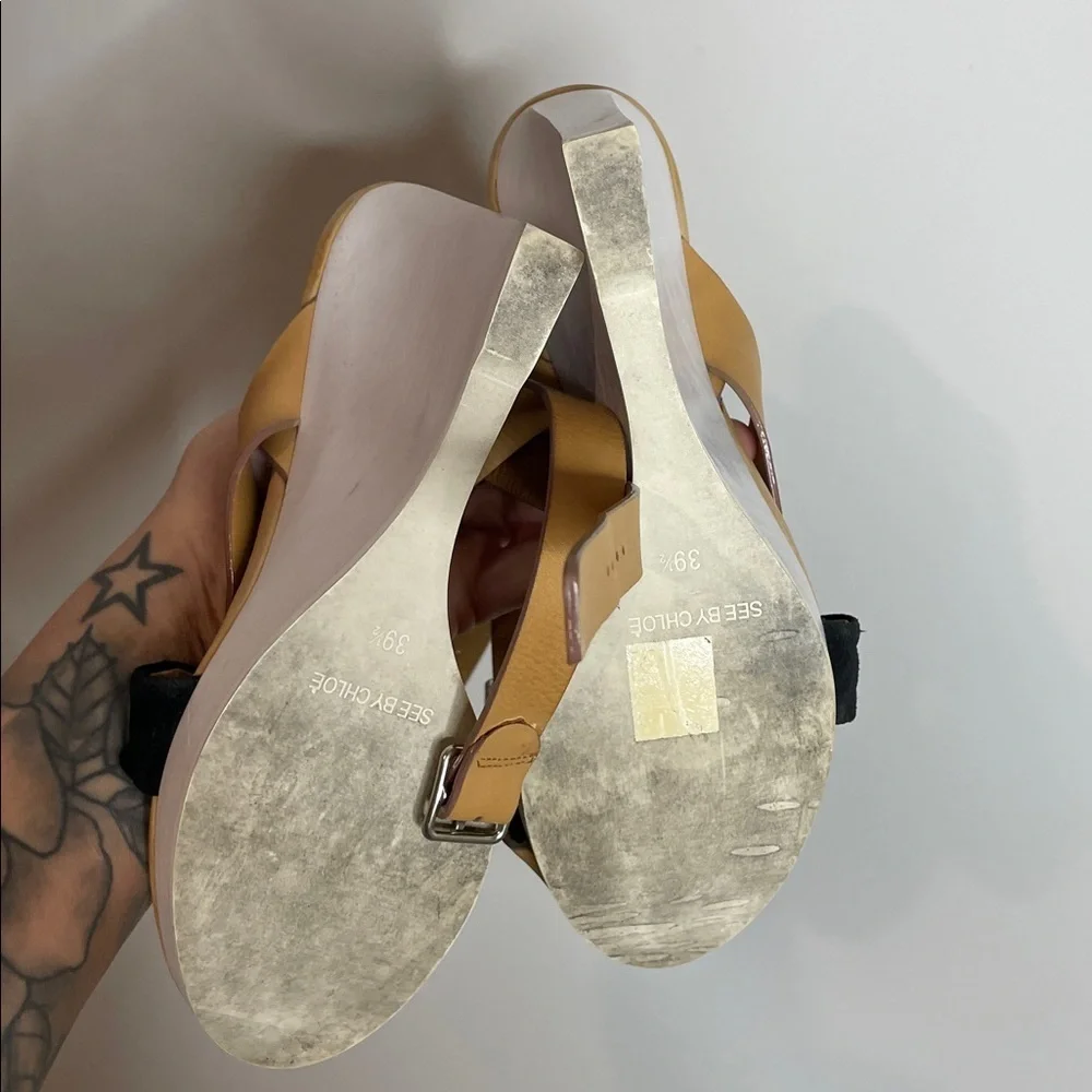 See by Chloé | Leather Cutout Accent Slingback Wedge Sandals Size 9.5